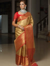 Banarasee Handwoven Broad Border Tissue Saree-Gold & Red