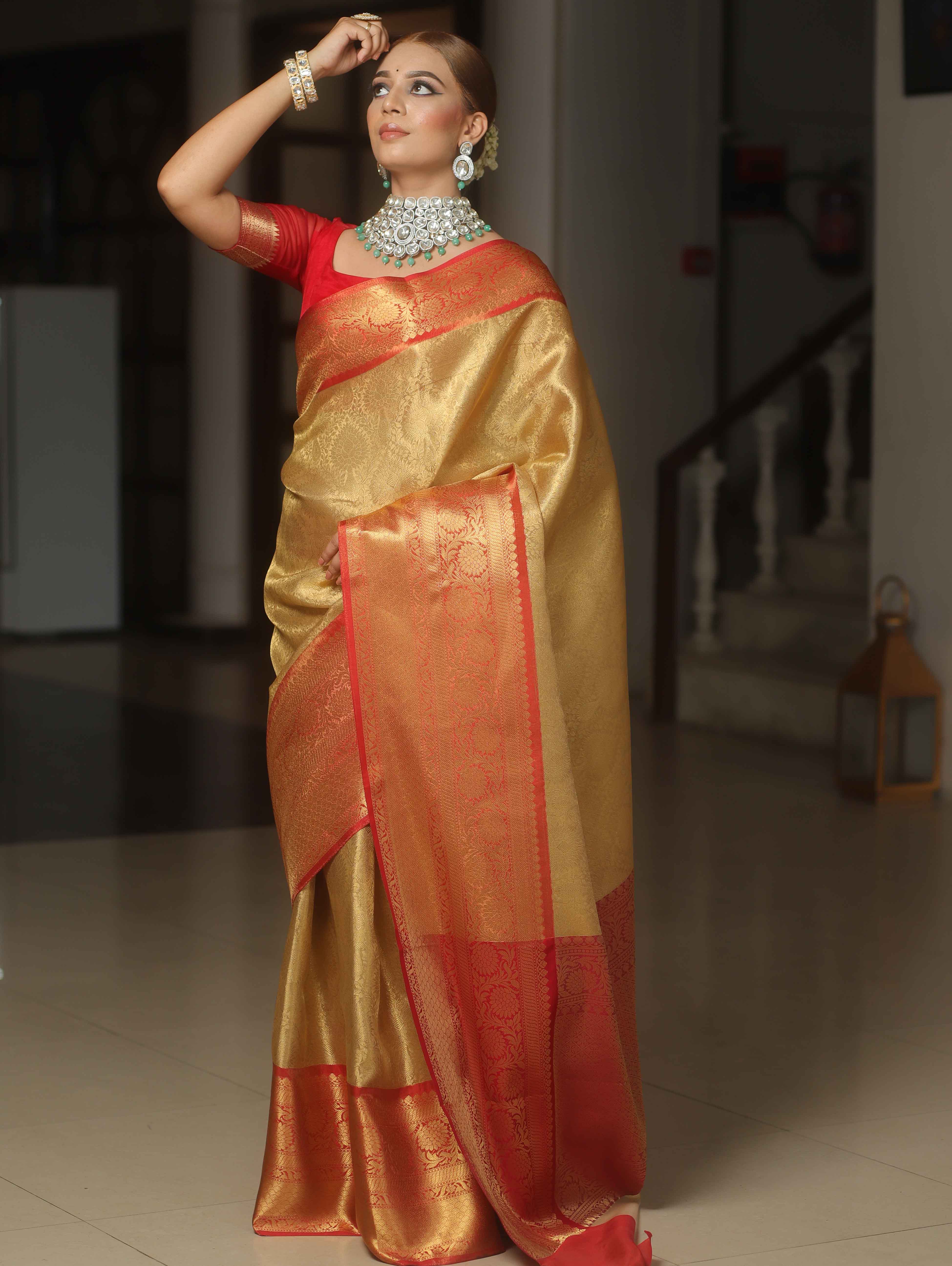 Banarasee Handwoven Broad Border Tissue Saree-Gold & Red