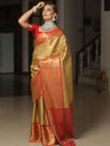 Banarasee Handwoven Broad Border Tissue Saree-Gold & Red