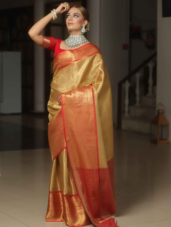 Banarasee Handwoven Broad Border Tissue Saree-Gold & Red