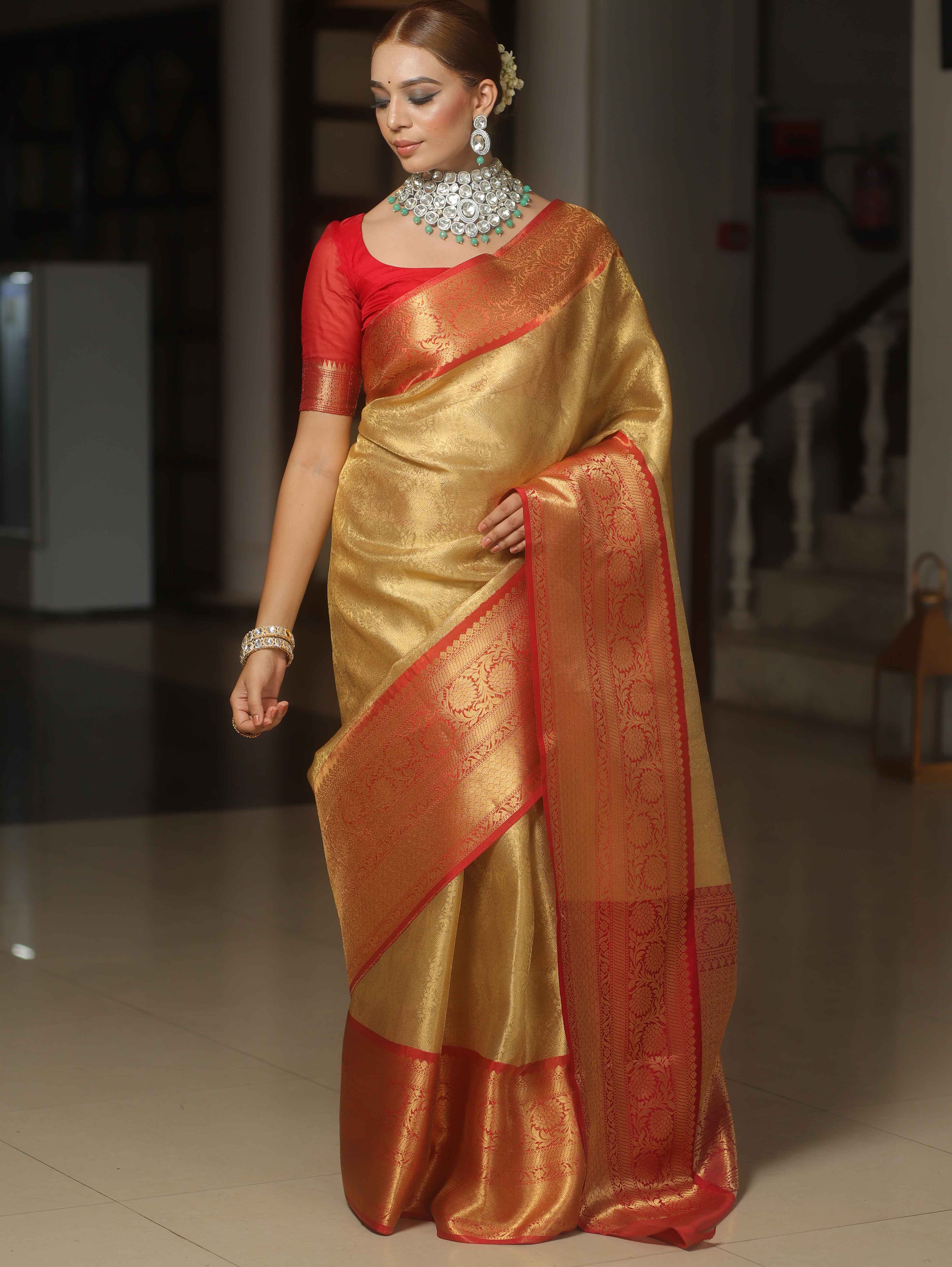 Banarasee Handwoven Broad Border Tissue Saree-Gold & Red