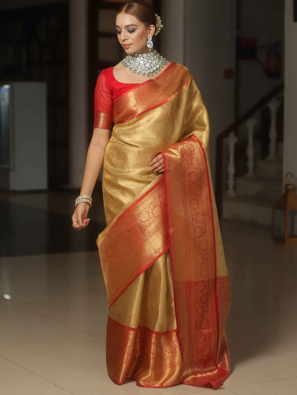 Banarasee Handwoven Broad Border Tissue Saree-Gold & Red