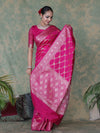 Banarasee Handloom Semi Silk Saree With Zari Jaal Work & Floral Border-Fuchsia Pink