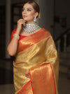 Banarasee Handwoven Broad Border Tissue Saree-Gold & Red