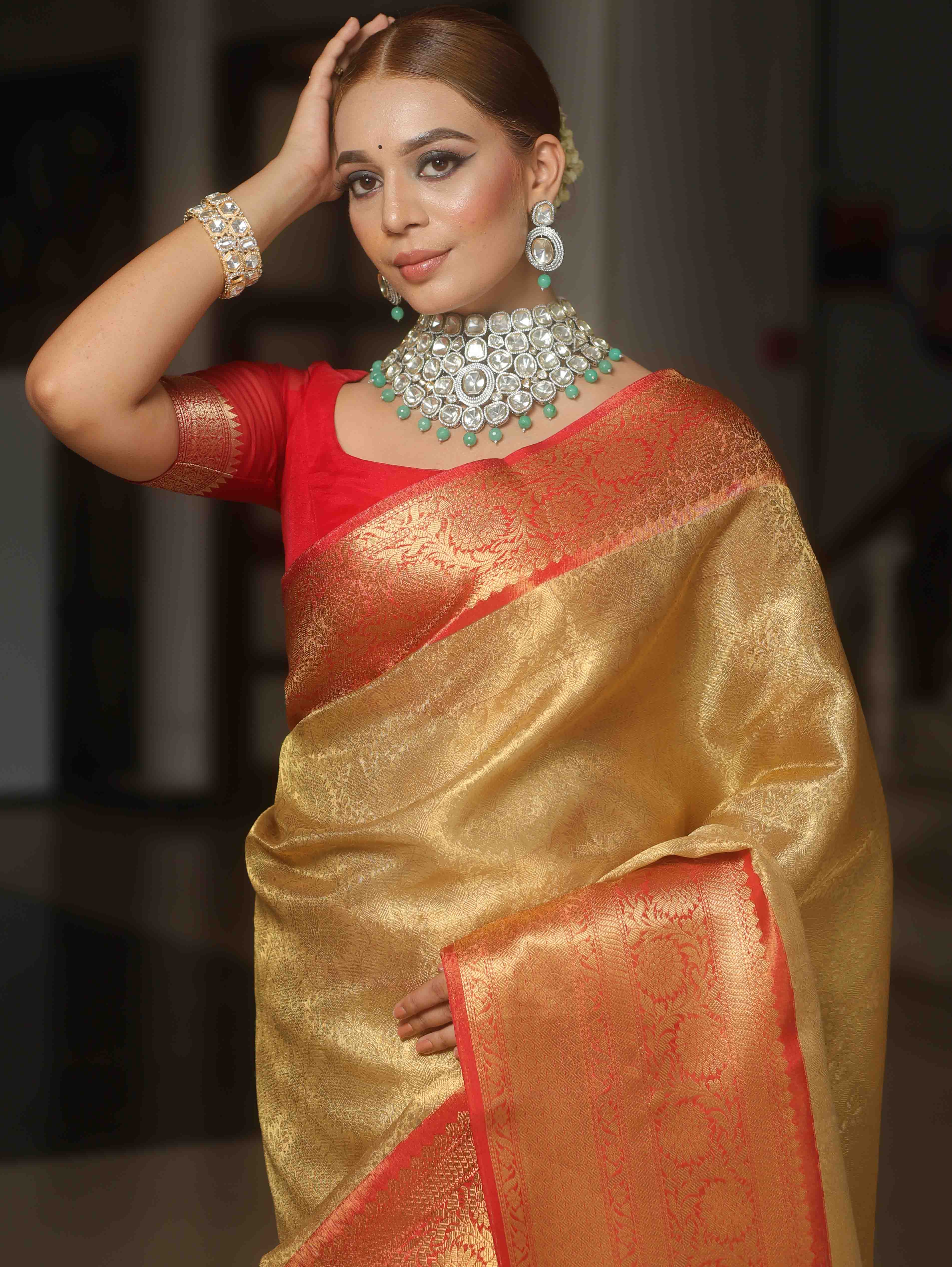 Banarasee Handwoven Broad Border Tissue Saree-Gold & Red