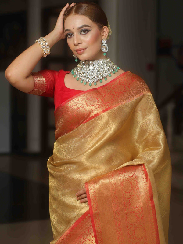 Banarasee Handwoven Broad Border Tissue Saree-Gold & Red