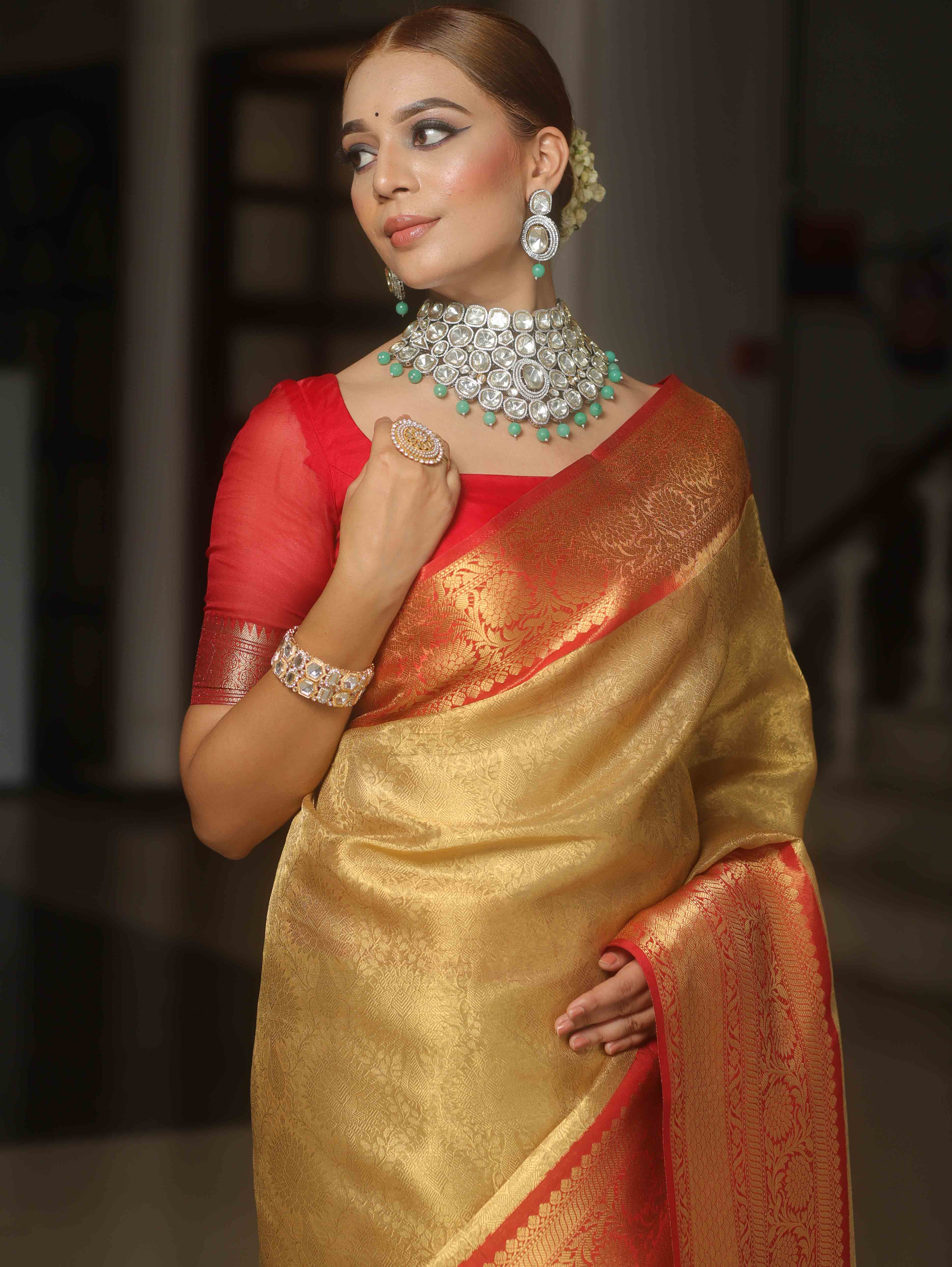 Banarasee Handwoven Broad Border Tissue Saree-Gold & Red