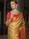 Banarasee Handwoven Broad Border Tissue Saree-Gold & Red