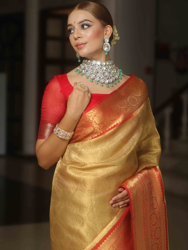 Banarasee Handwoven Broad Border Tissue Saree-Gold & Red