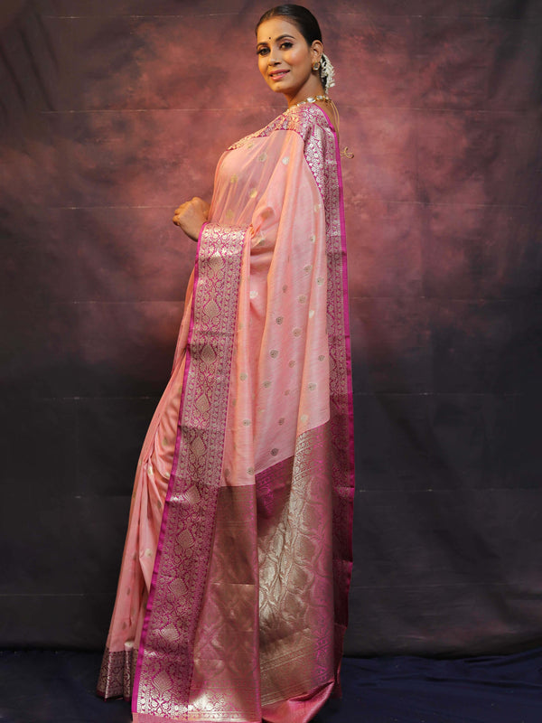 Banarasee Cotton Silk Mix Banswada Sari With Zari Buta & Contrast Border-Pink & Magenta