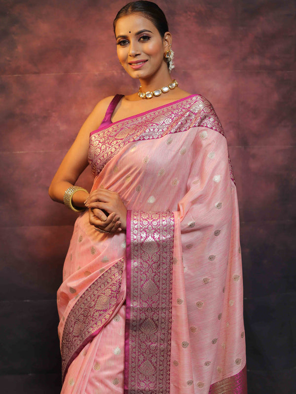 Banarasee Cotton Silk Mix Banswada Sari With Zari Buta & Contrast Border-Pink & Magenta