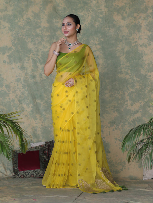 Banarasee Organza Mix Saree With Embroidered Buta & Applique Work Pallu-Yellow