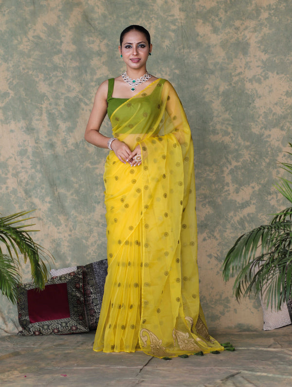 Banarasee Organza Mix Saree With Embroidered Buta & Applique Work Pallu-Yellow