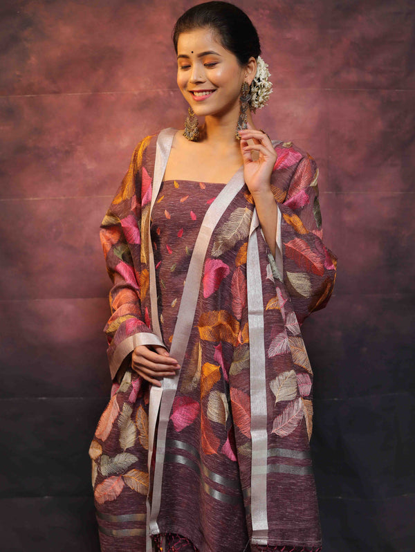 Banarasee Embroidered Linen Cotton Salwar Kameez With Dupatta-Mauve