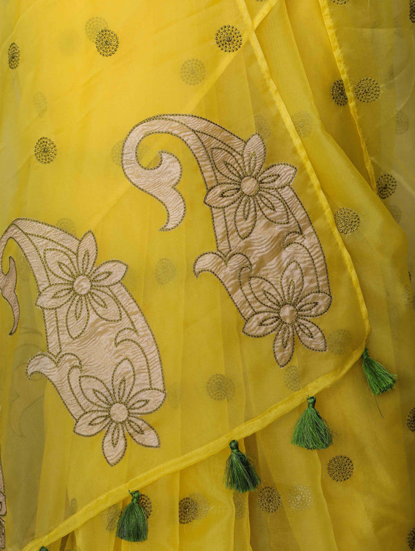 Banarasee Organza Mix Saree With Embroidered Buta & Applique Work Pallu-Yellow