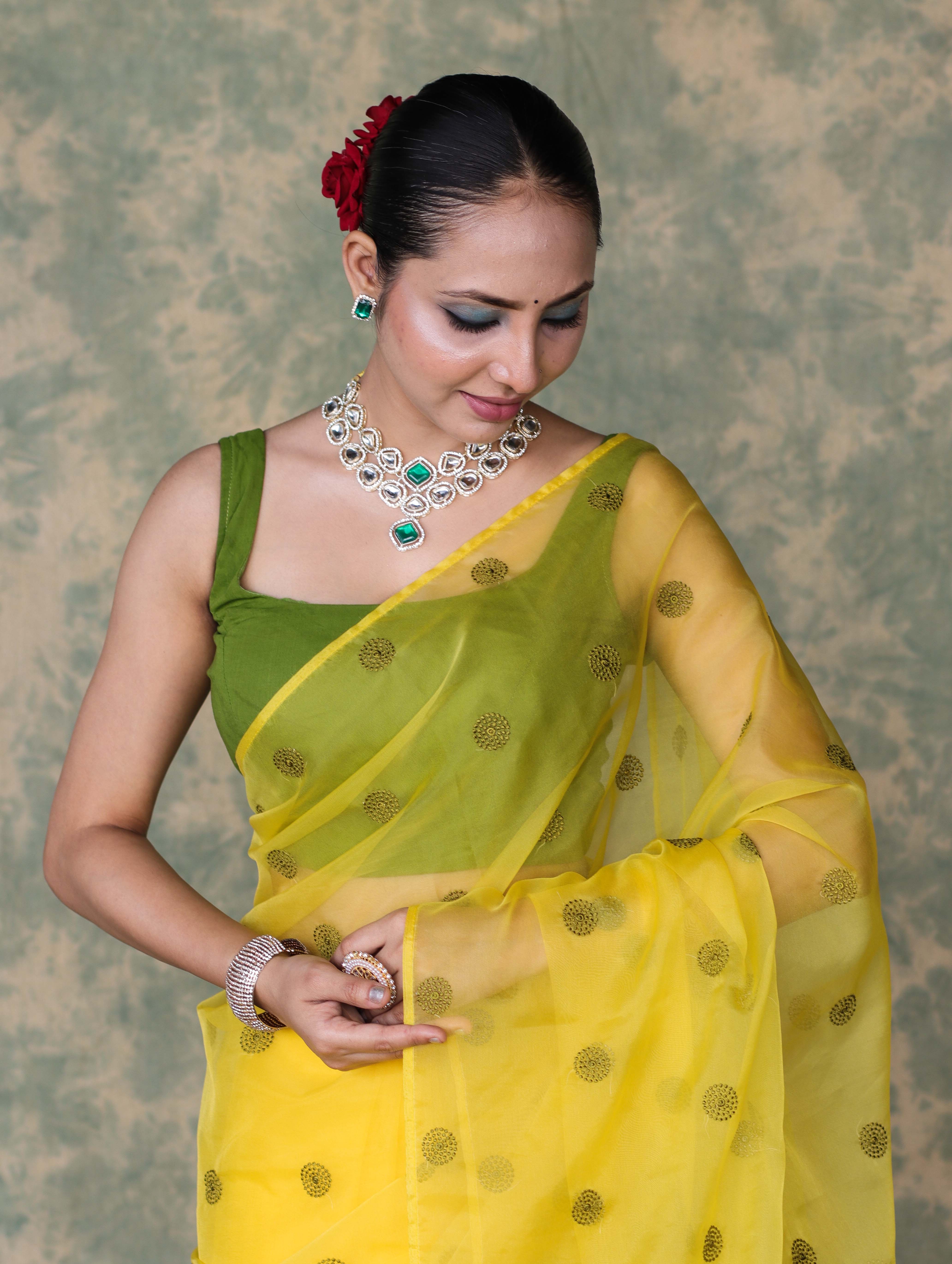 Banarasee Organza Mix Saree With Embroidered Buta & Applique Work Pallu-Yellow