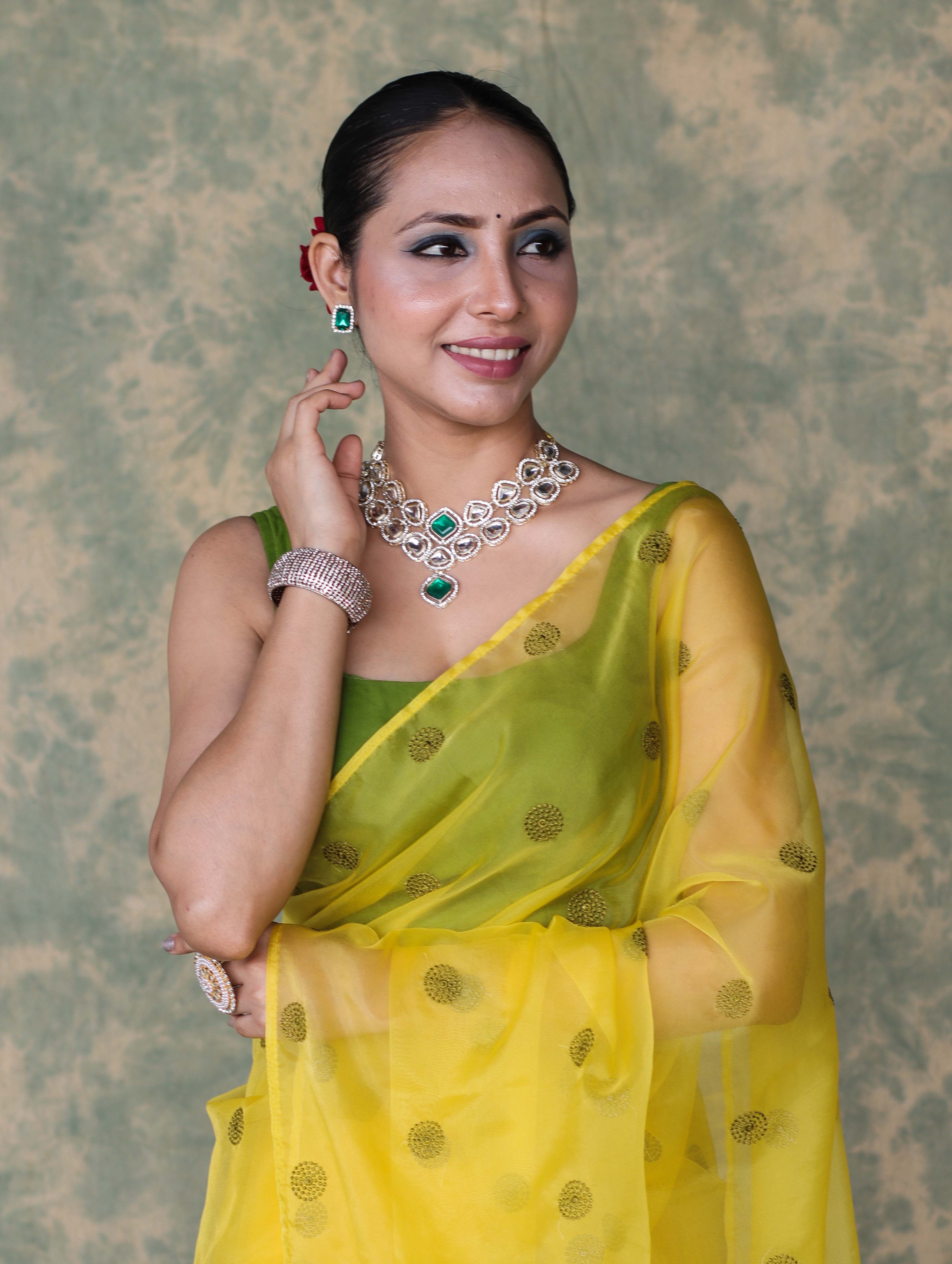 Banarasee Organza Mix Saree With Embroidered Buta & Applique Work Pallu-Yellow