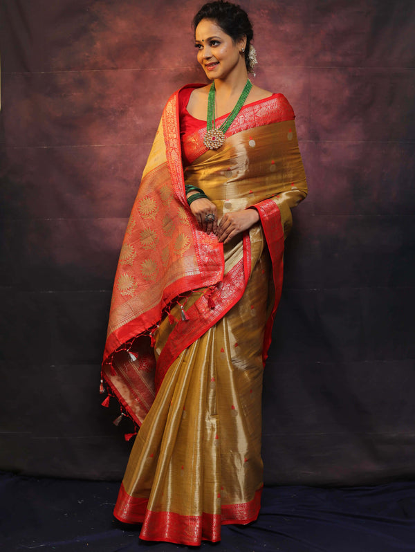 Banarasee Contrast Border Buta Design Tissue Saree-Gold & Red