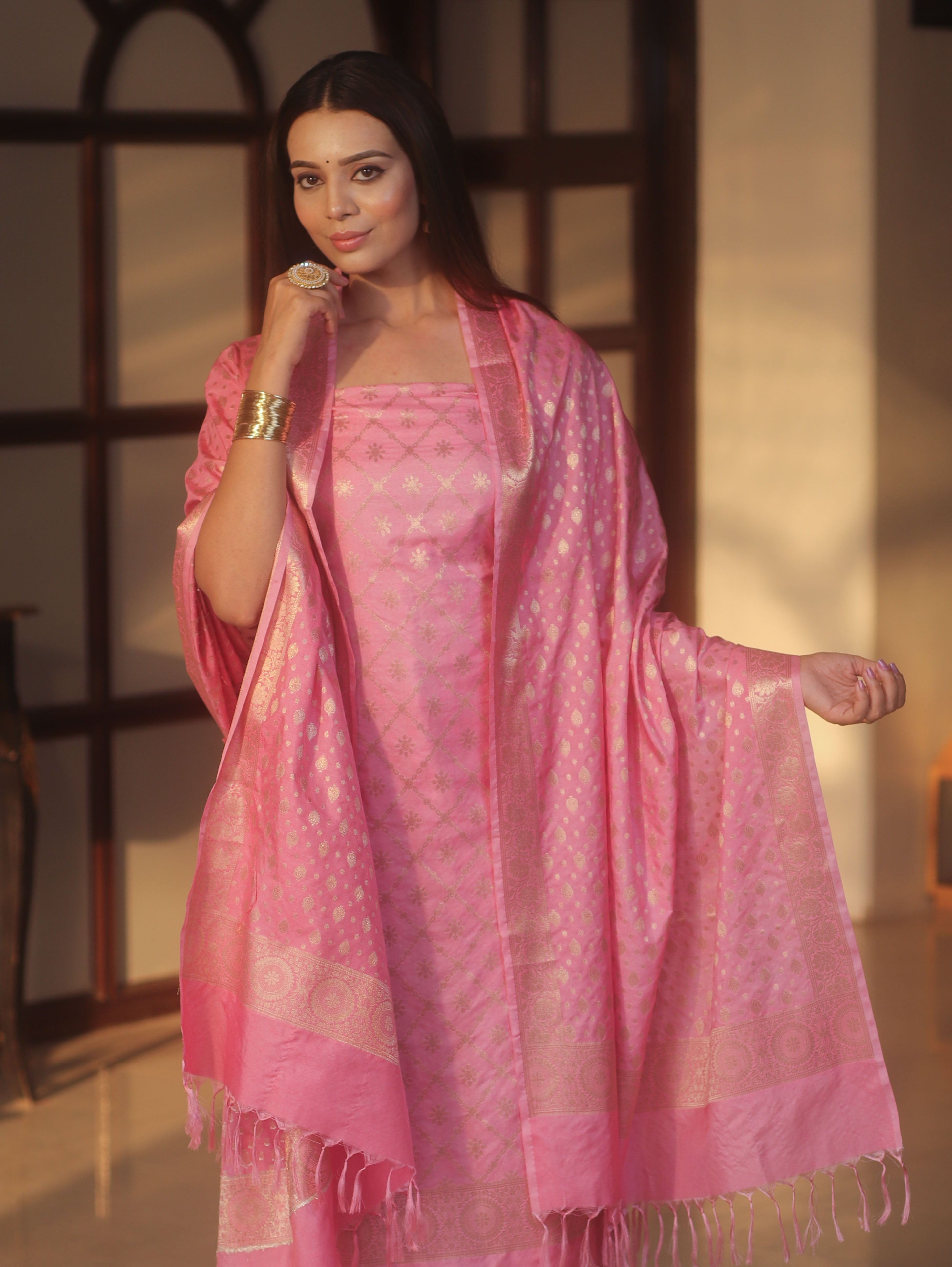 Banarasee Semi-Silk Zari Design Salwar Kameez Fabric With Dupatta Set-Pink