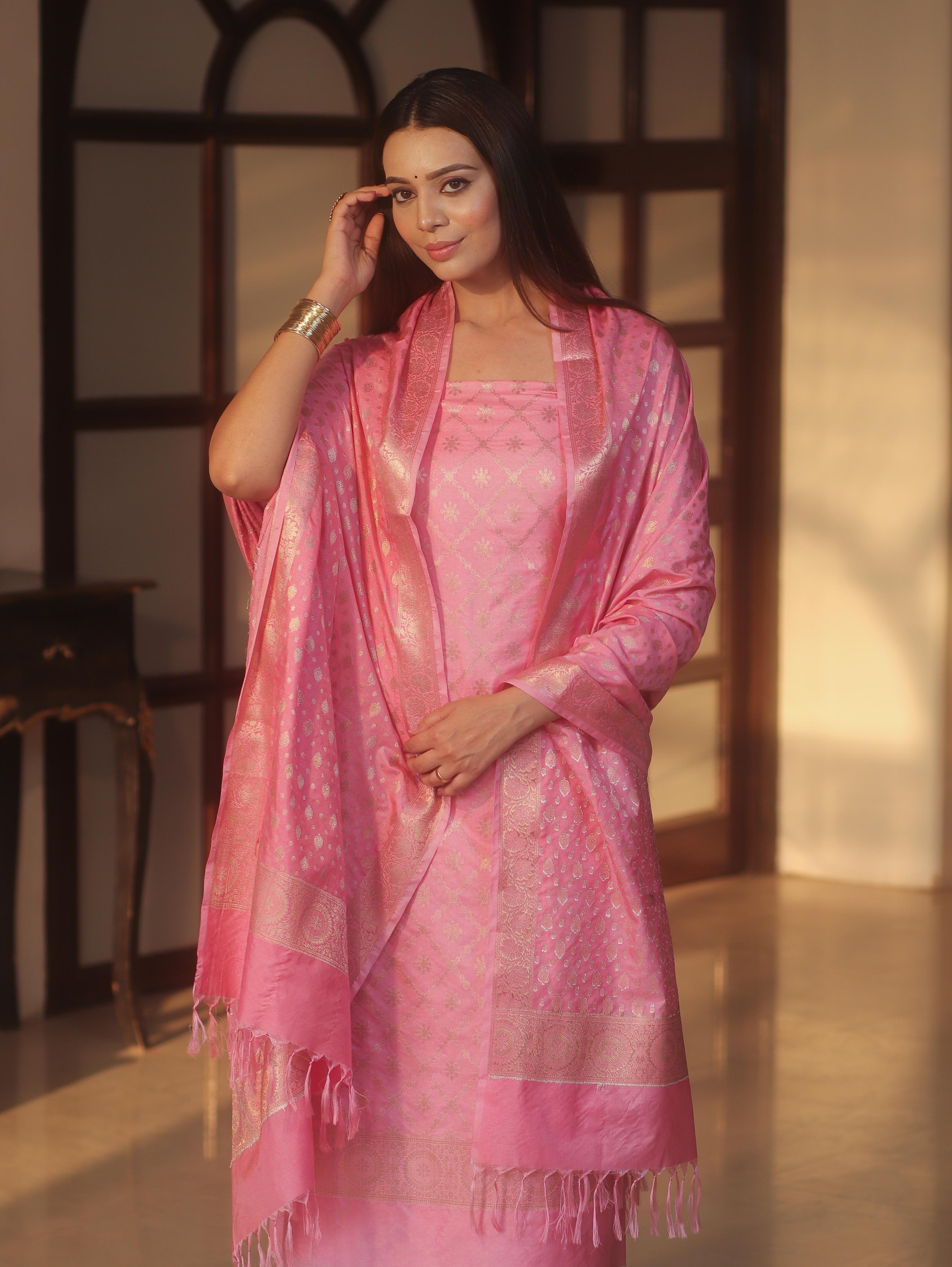 Banarasee Semi-Silk Zari Design Salwar Kameez Fabric With Dupatta Set-Pink