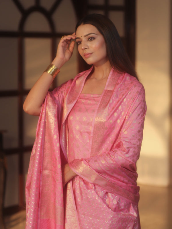 Banarasee Semi-Silk Zari Design Salwar Kameez Fabric With Dupatta Set-Pink