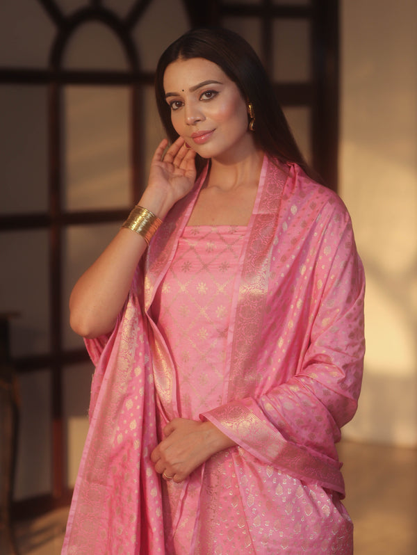 Banarasee Semi-Silk Zari Design Salwar Kameez Fabric With Dupatta Set-Pink