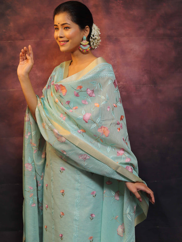 Banarasee Embroidered Linen Cotton Salwar Kameez With Dupatta-Blue