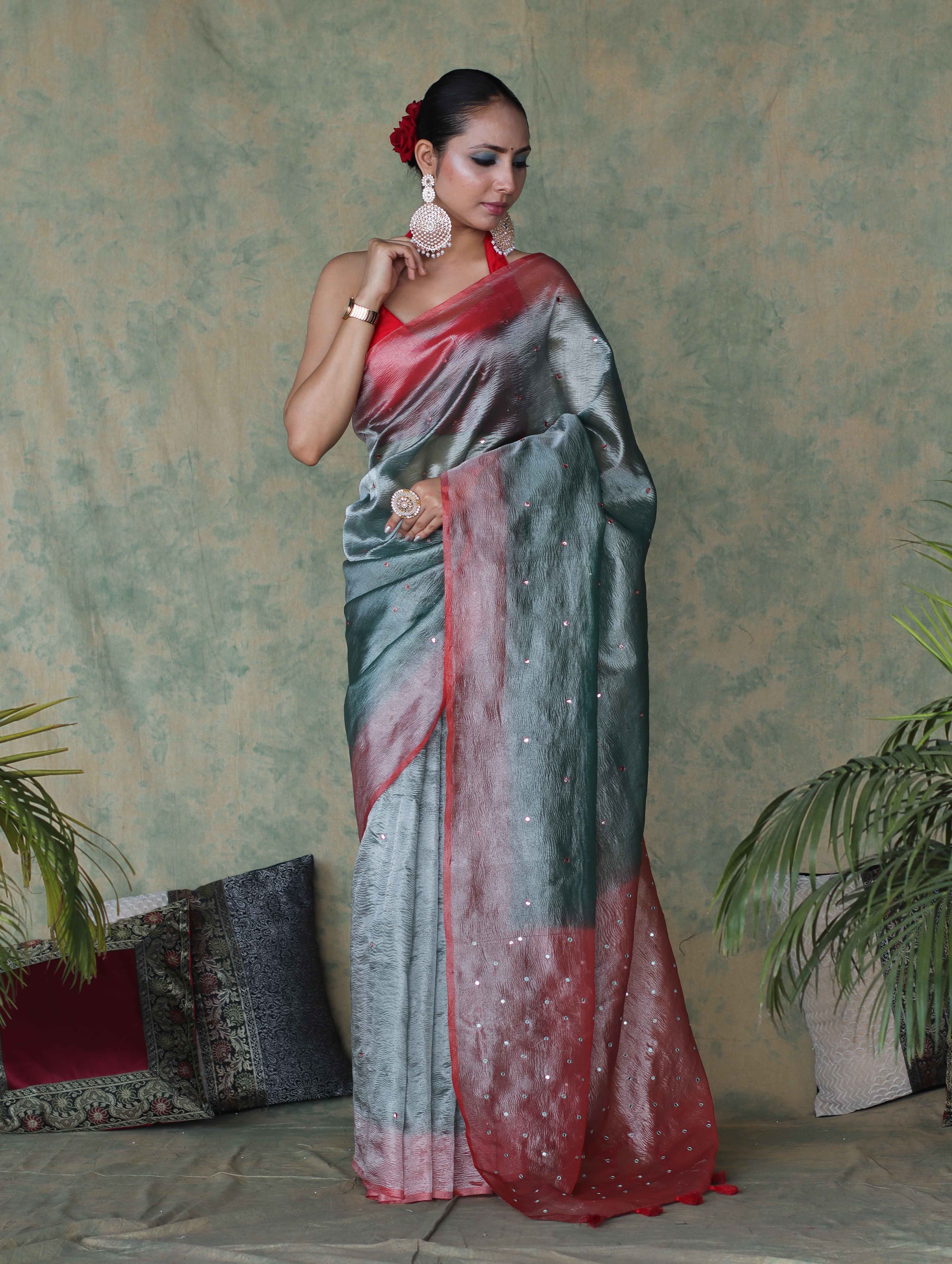 Banarasee Handwoven Crushed Tissue Saree With Mirror Work & Contrast Border-Sea Green