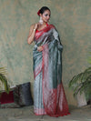 Banarasee Handwoven Crushed Tissue Saree With Mirror Work & Contrast Border-Sea Green
