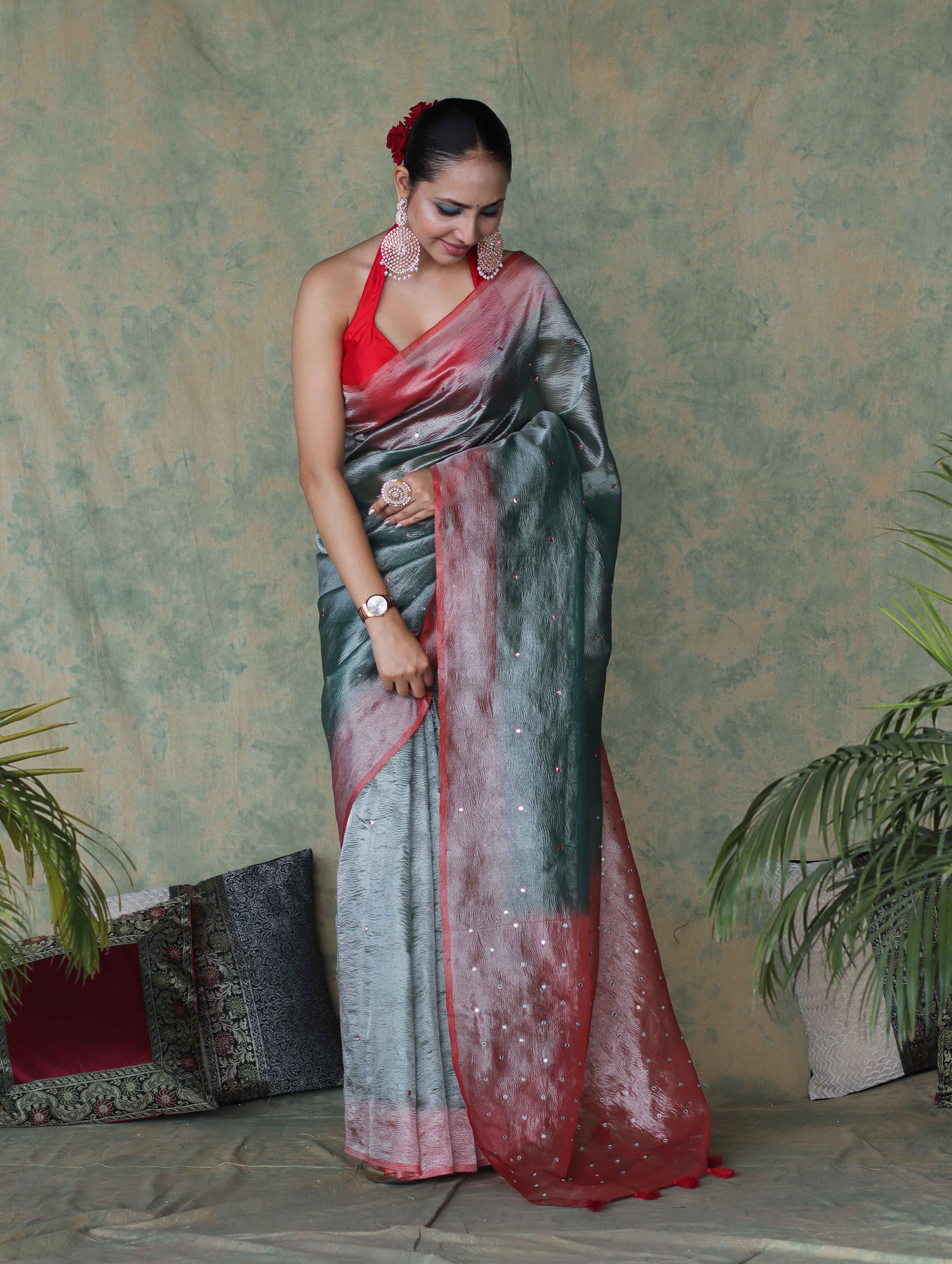 Banarasee Handwoven Crushed Tissue Saree With Mirror Work & Contrast Border-Sea Green