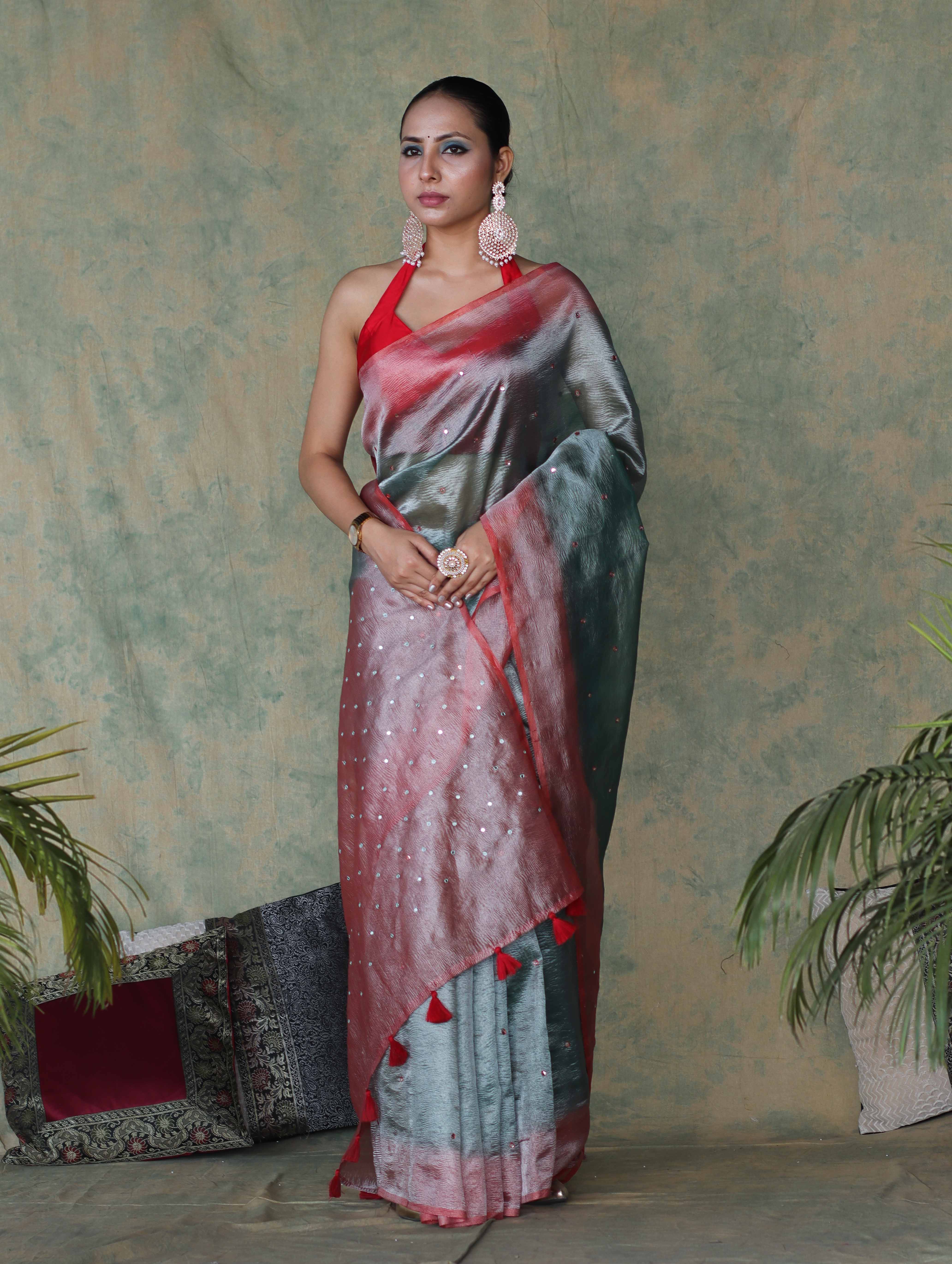 Banarasee Handwoven Crushed Tissue Saree With Mirror Work & Contrast Border-Sea Green