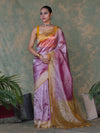 Banarasee Handwoven Crushed Tissue Saree With Mirror Work & Contrast Border-Light Pink