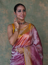 Banarasee Handwoven Crushed Tissue Saree With Mirror Work & Contrast Border-Light Pink