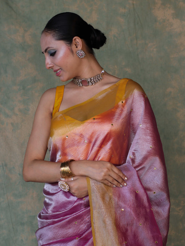Banarasee Handwoven Crushed Tissue Saree With Mirror Work & Contrast Border-Light Pink
