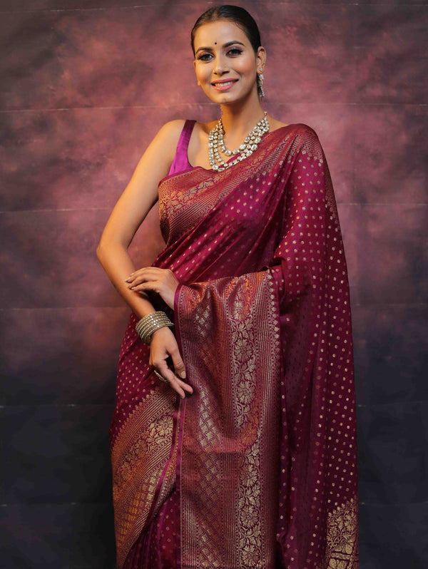 Banarasee Semi-Chiffon Saree With Antique Gold Zari Work-Magenta