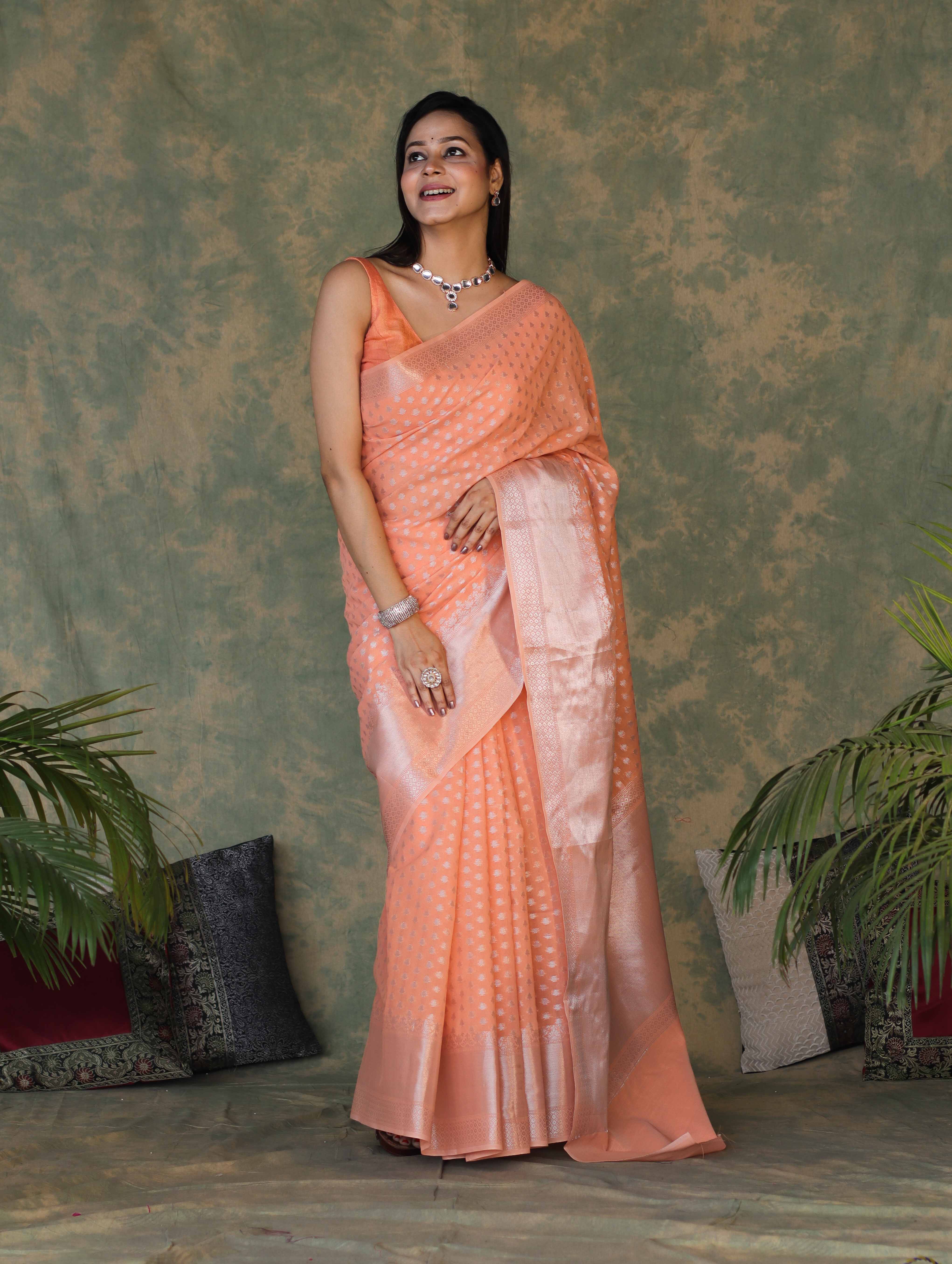 Banarasee Handloom Cotton Silk Saree With Silver Zari Buti Design & Broad Border-Peach