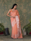 Banarasee Handloom Cotton Silk Saree With Silver Zari Buti Design & Broad Border-Peach