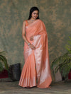 Banarasee Handloom Cotton Silk Saree With Silver Zari Buti Design & Broad Border-Peach
