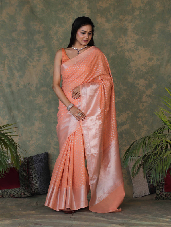 Banarasee Handloom Cotton Silk Saree With Silver Zari Buti Design & Broad Border-Peach