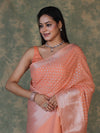 Banarasee Handloom Cotton Silk Saree With Silver Zari Buti Design & Broad Border-Peach