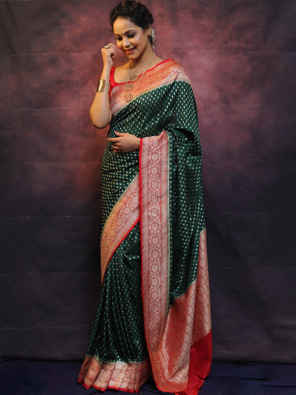 Banarasee Semi-Katan Zari Buta Saree-Green & Red