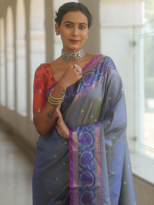 Banarasee Handwoven Semi Silk Ikkat Border Saree With Zari Buti & Border-Grey