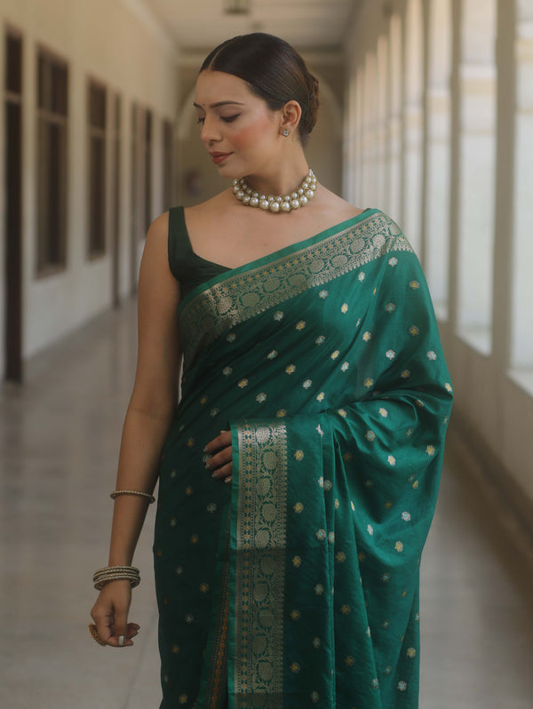 Banarasee Handwoven Semi Silk Saree With Zari Buti Design-Green