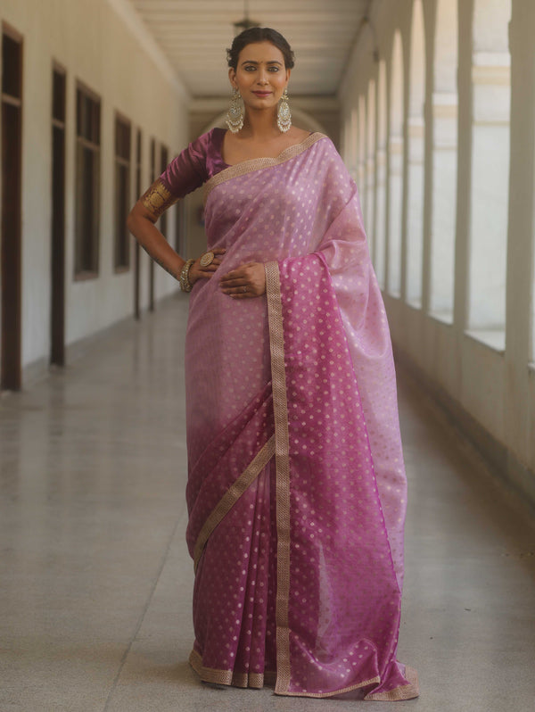 Banarasee Handwoven Tissue Dual Color Saree With Zari Buta & Lace-Purple