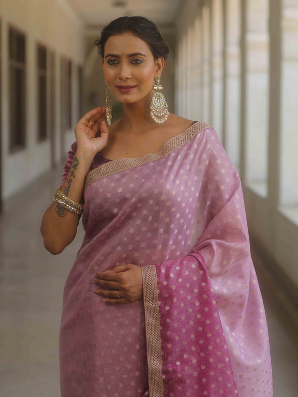 Banarasee Handwoven Tissue Dual Color Saree With Zari Buta & Lace-Purple