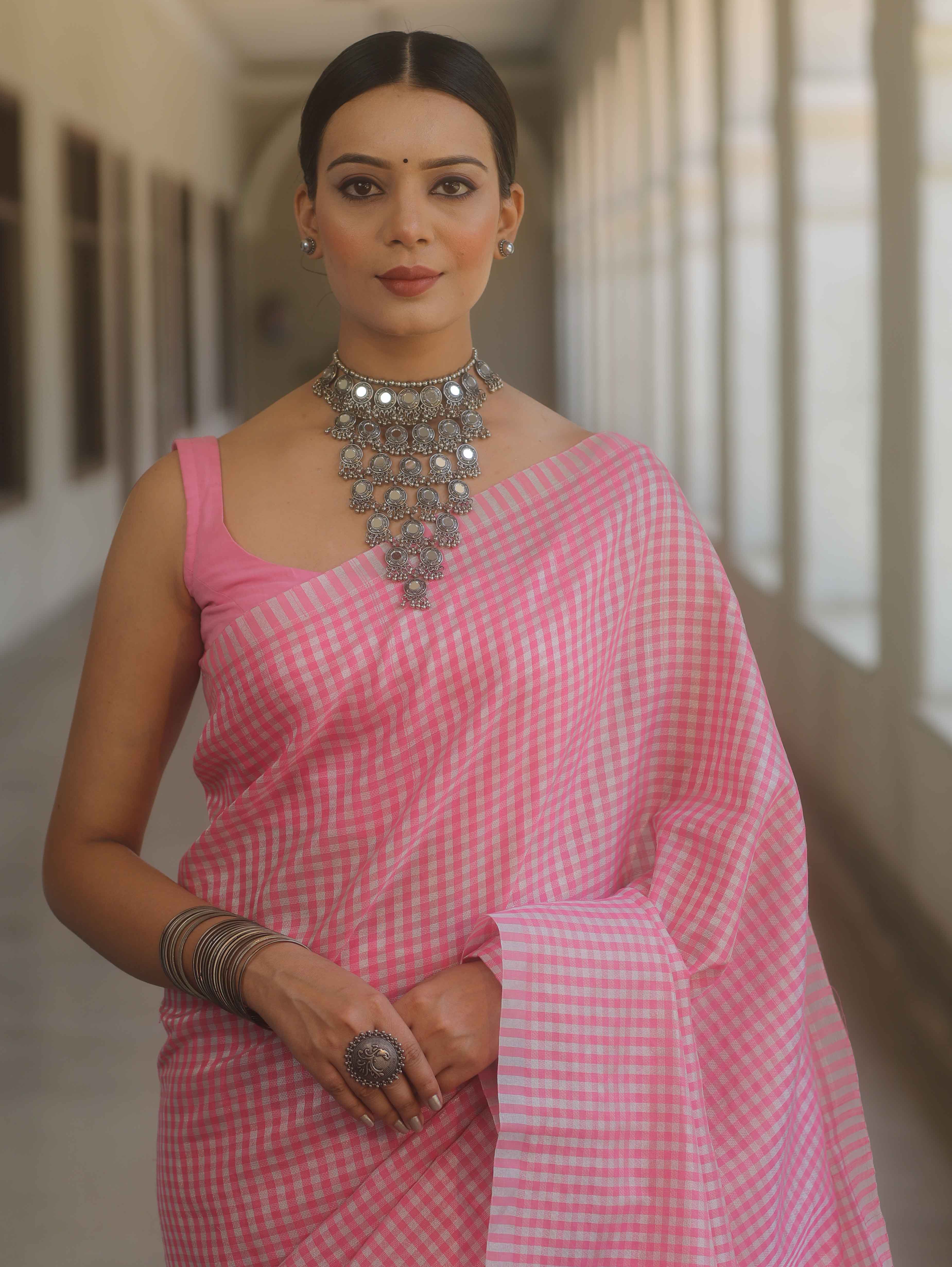 Banarasee Handwoven Tissue Saree With Sliver Zari Checks Design-Pink