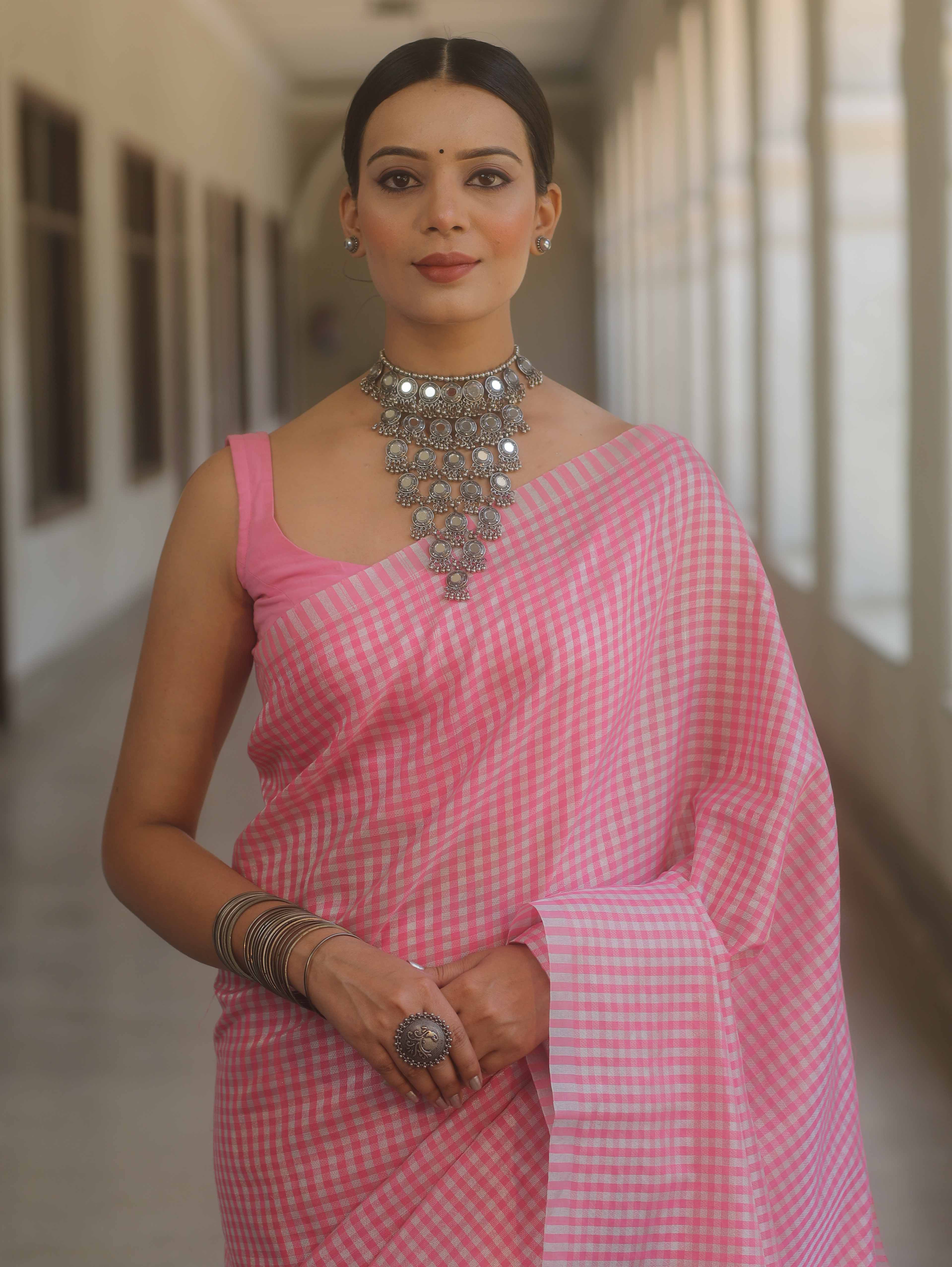 Banarasee Handwoven Tissue Saree With Sliver Zari Checks Design-Pink