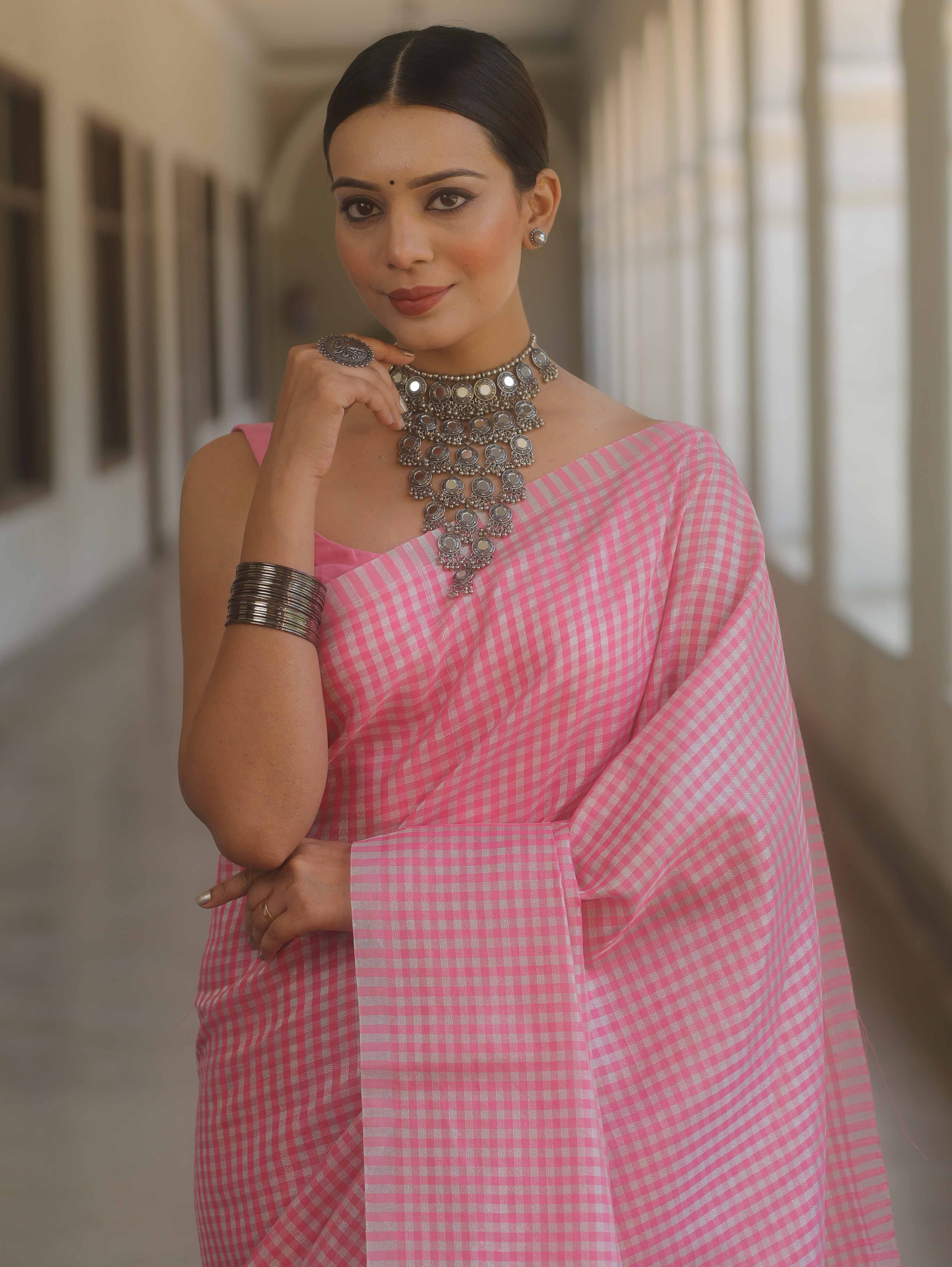 Banarasee Handwoven Tissue Saree With Sliver Zari Checks Design-Pink