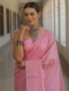 Banarasee Handwoven Tissue Saree With Sliver Zari Checks Design-Pink