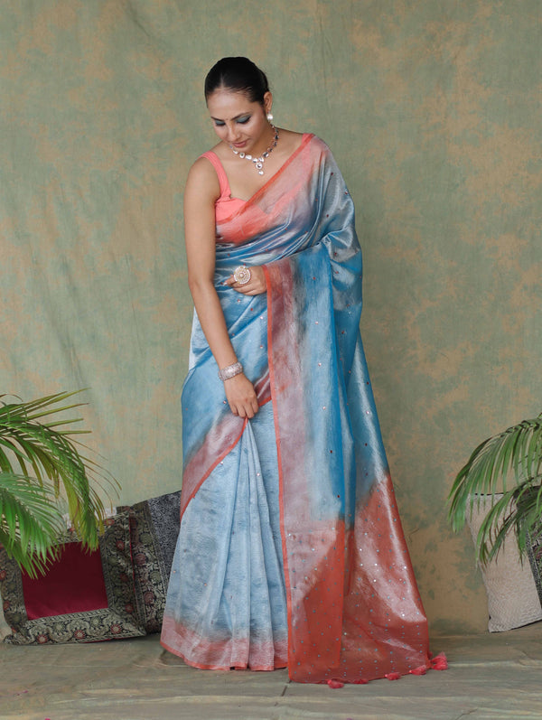 Banarasee Handwoven Crushed Tissue Saree With Mirror Work & Contrast Border-Sky Blue